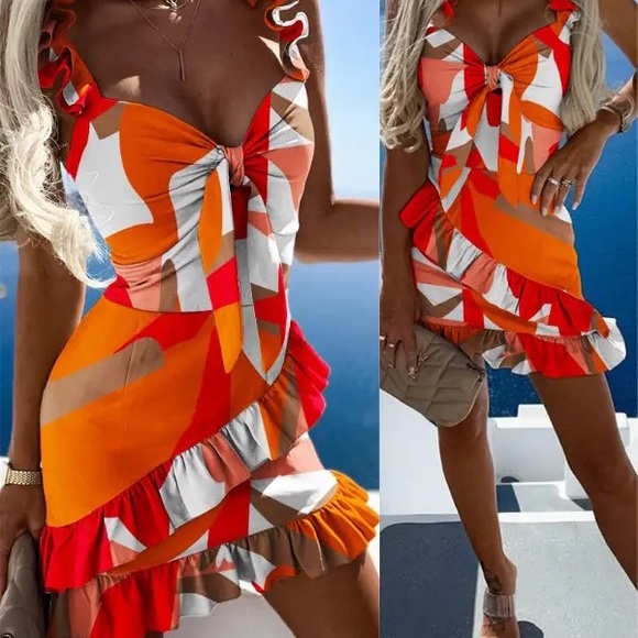 Chicme Geo Print Tied Detail Ruffle Hem Dress - Picture 2 of 4